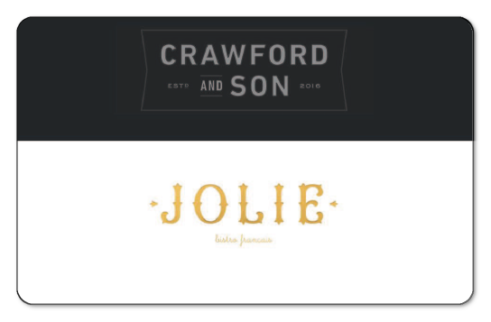 Crawford and Son logo over black background on top half of card, Jolie logo over white background on bottom half of card